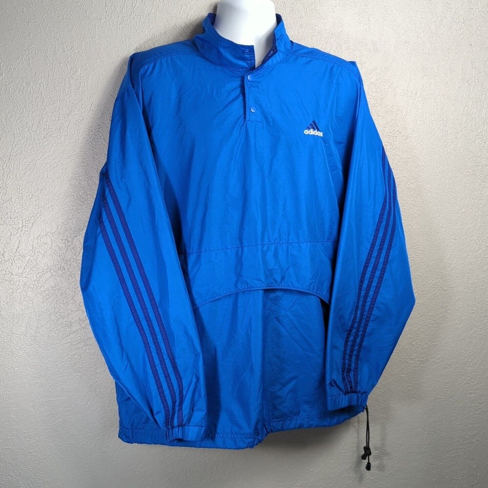 Adidas Jacket Mens Large L Blue Pullover Windbreaker Raincoat 3 Stripe 2 Pocket